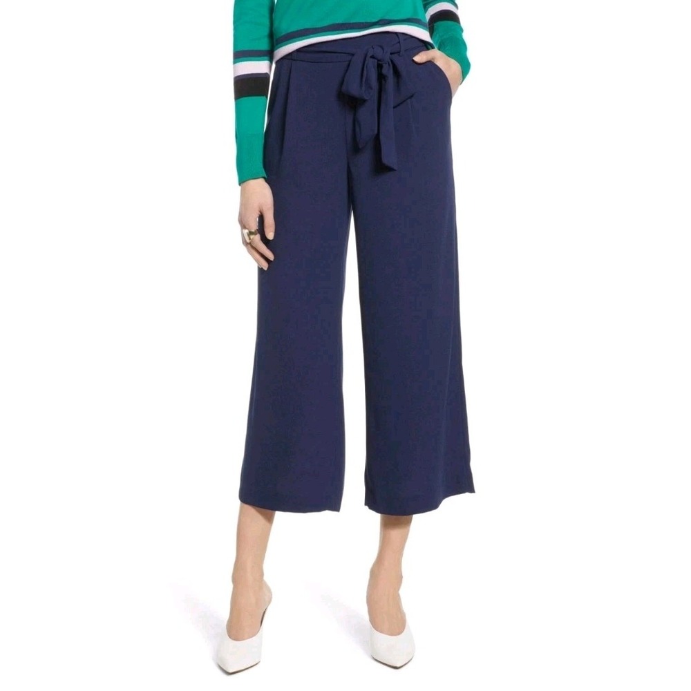 Halogen Cullote Wide Leg Pants Women's Size M Navy‎ Blue Tie Waist Elastic Light - Picture 2 of 10